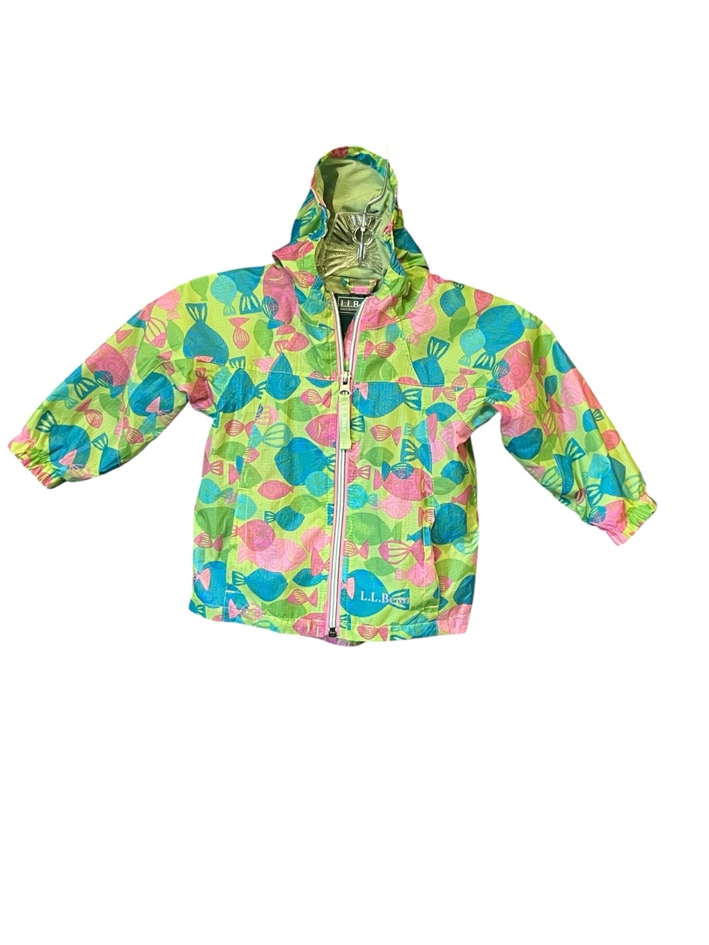 L.L.Bean Girls Rain Jacket 12-18M Hooded Fish Print Waterproof Coat Zip